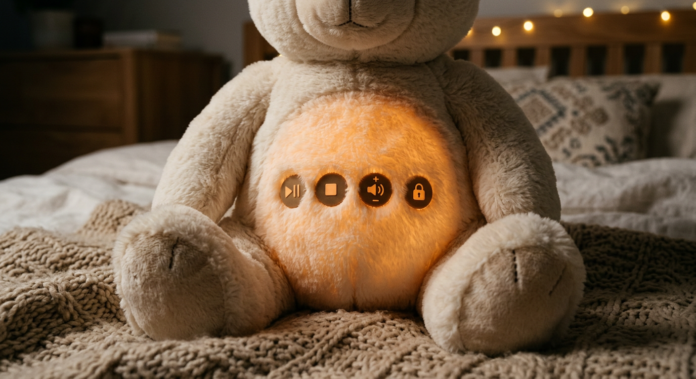 Gloeiende buik van de Lunabeer knuffel met bedieningsknoppen